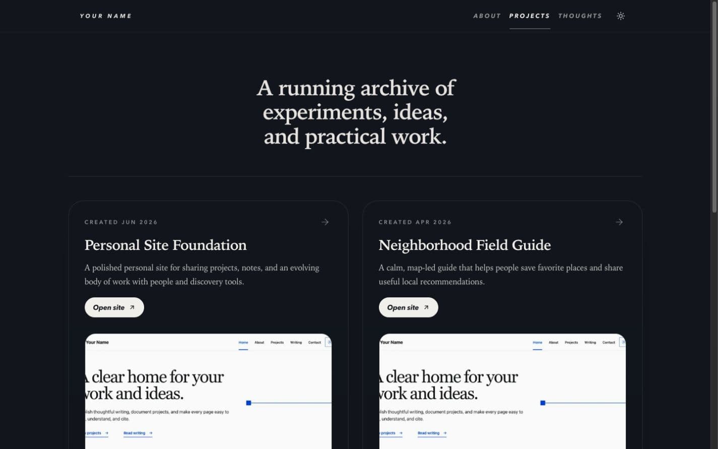 Projects archive from the neutral template arranged as a responsive grid of editorial cards