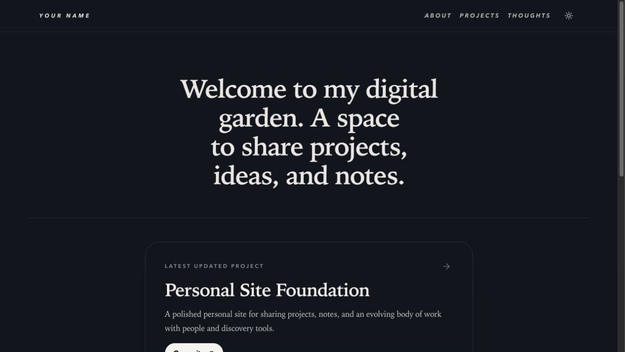 Neutral personal site template homepage with an editorial introduction and featured project card