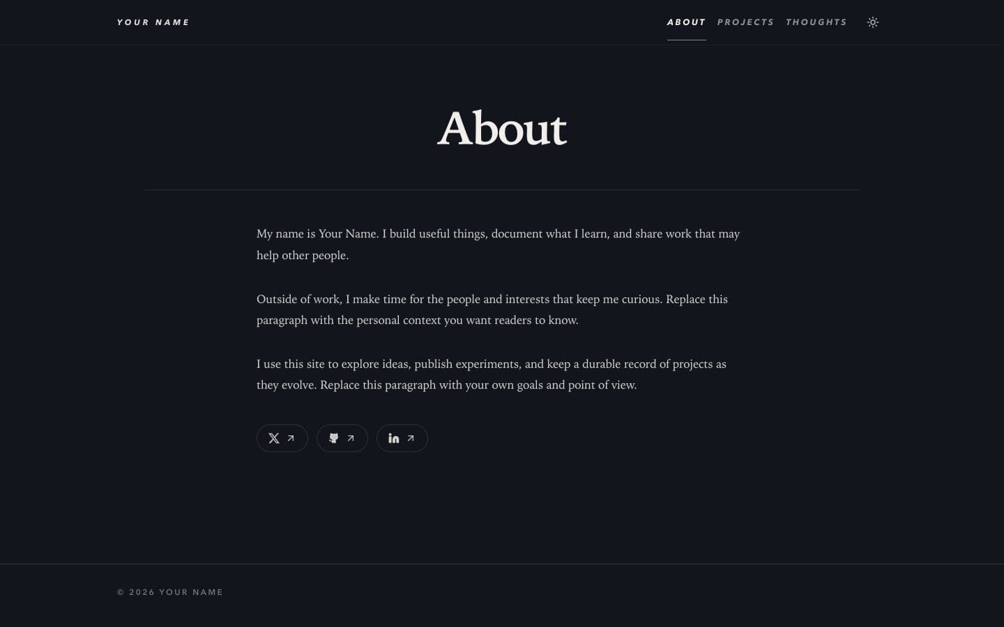 About page in the neutral template with balanced editorial text and social profile links