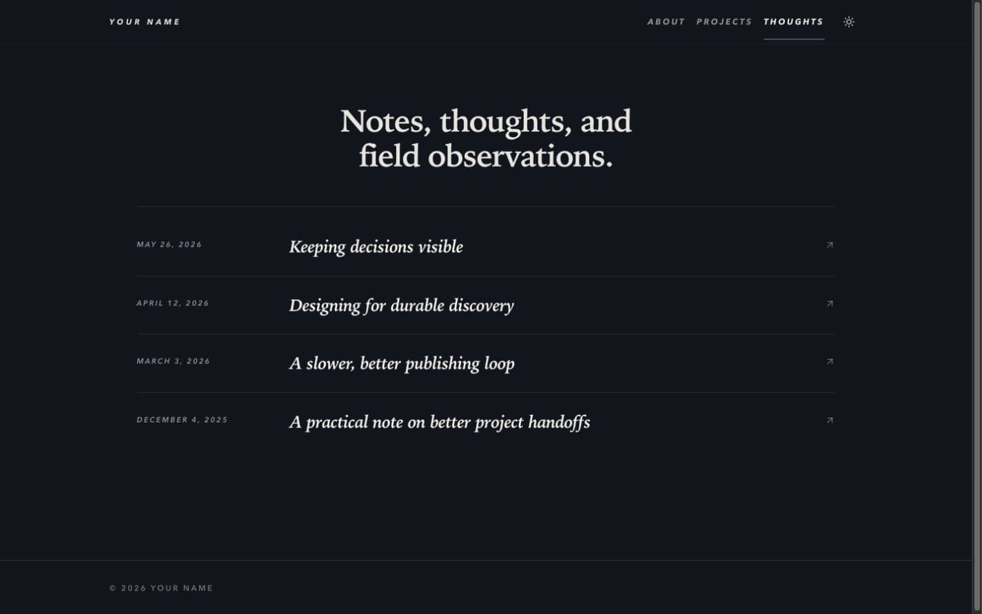 Thoughts archive in the neutral personal site template with dated editorial links